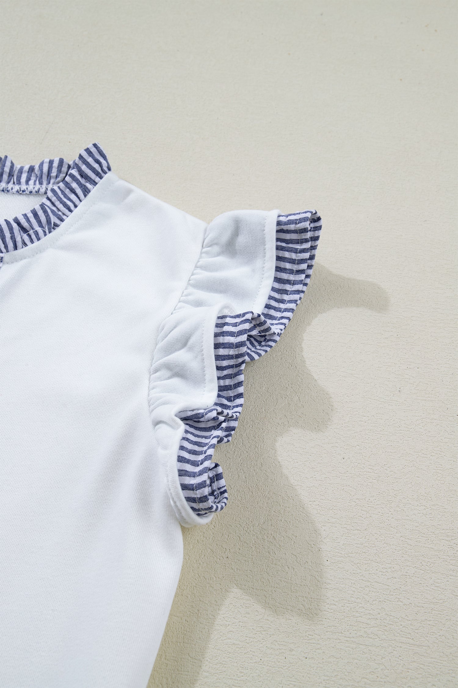 White Contrasted Striped Patchwork Split Neck Ruffle Trim Sleeveless Dress - Casual Dresses
