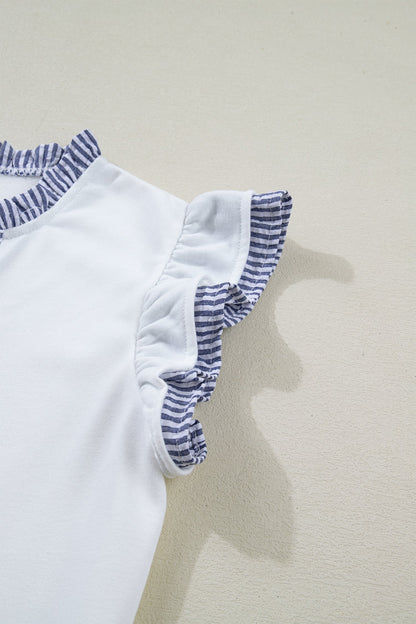 White Contrasted Striped Patchwork Split Neck Ruffle Trim Sleeveless Dress - Casual Dresses