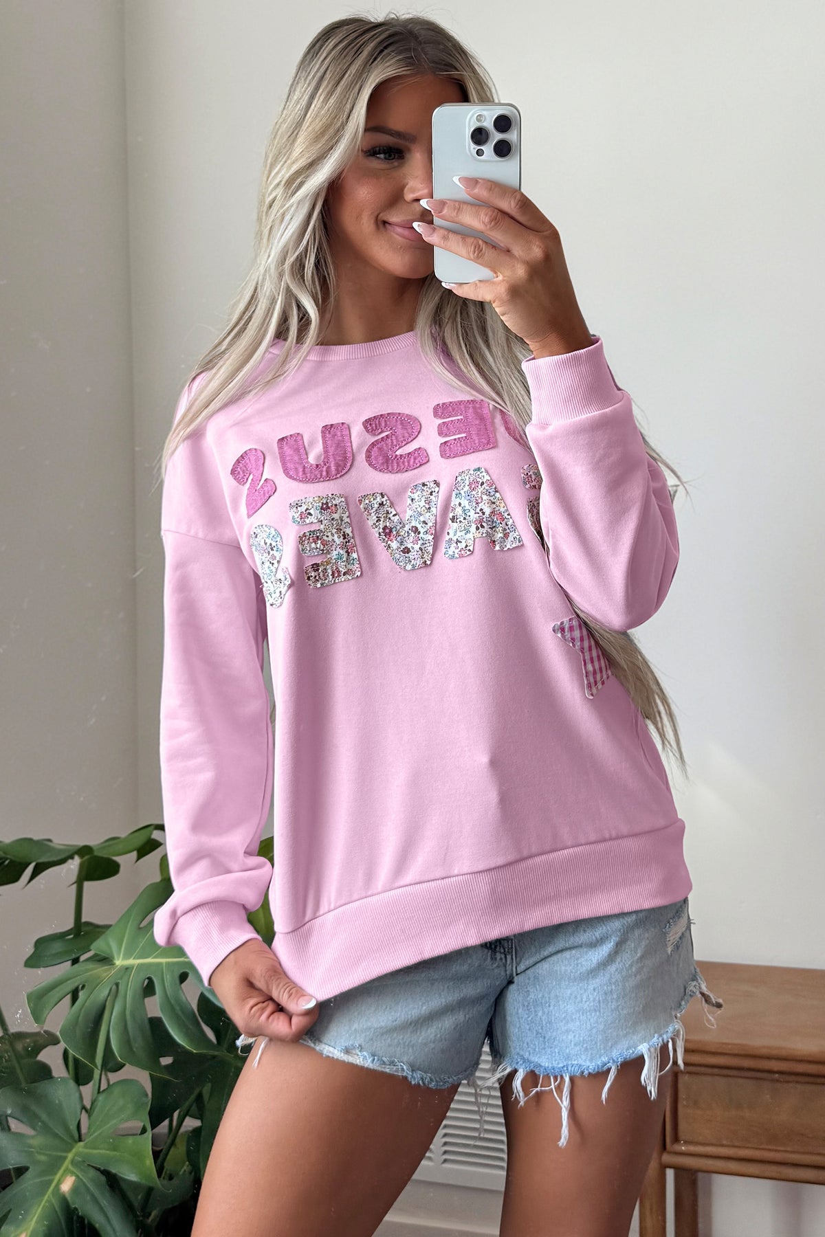 Patchwork Stars Plaid Unique Floral Letters Baggy Sweatshirt