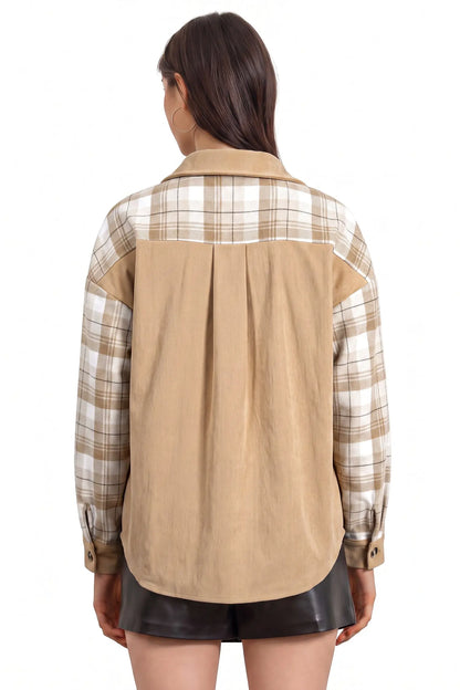 Light French Beige Plaid Colorblock Shirt Collar Shift Shacket