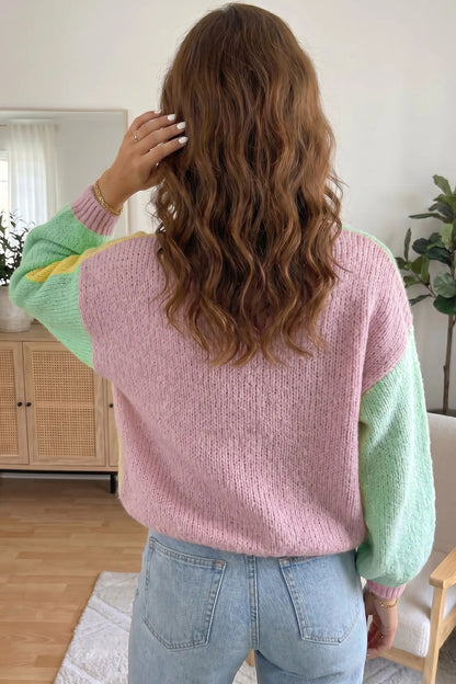Yellow V Neck Drop Shoulder Patchwork Regular Wash Knitwear Cardigan
