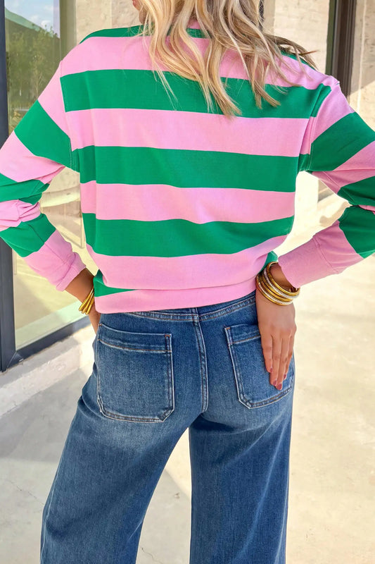 Green Stripe Festive Holly Jolly Printed Casual Plus Size Sweatshirt model back view · nz-alt-v1
