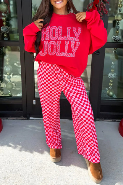 Red Christmas Slogan Graphic Plaid Contrast Two-piece Pant Set