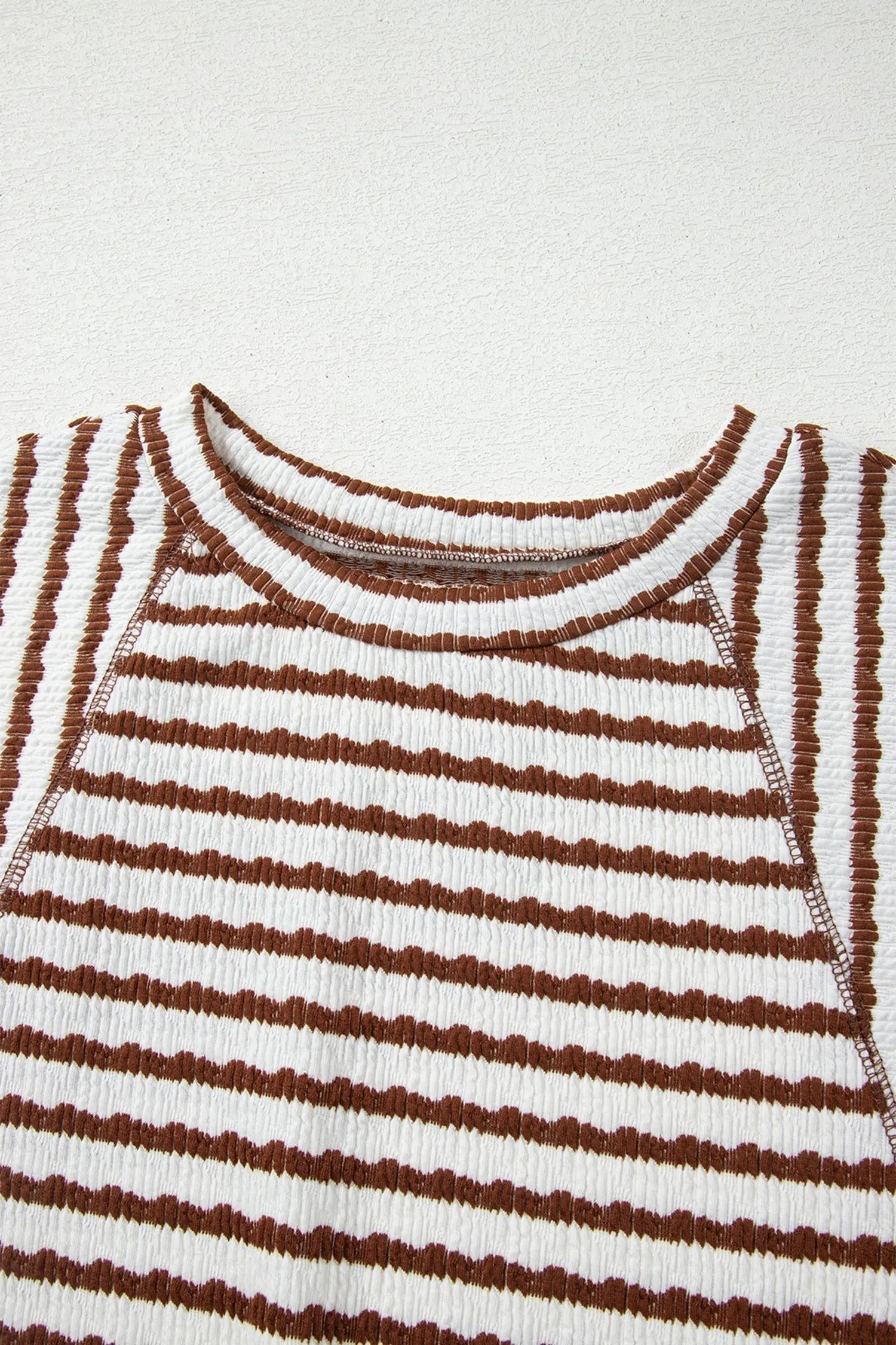 Brown Stripe Textured Knit Split Hem Half Sleeve Loose Top Dear-Lover Dropshipping
