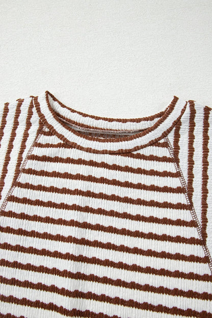 Brown Stripe Textured Knit Split Hem Half Sleeve Loose Top Dear-Lover Dropshipping