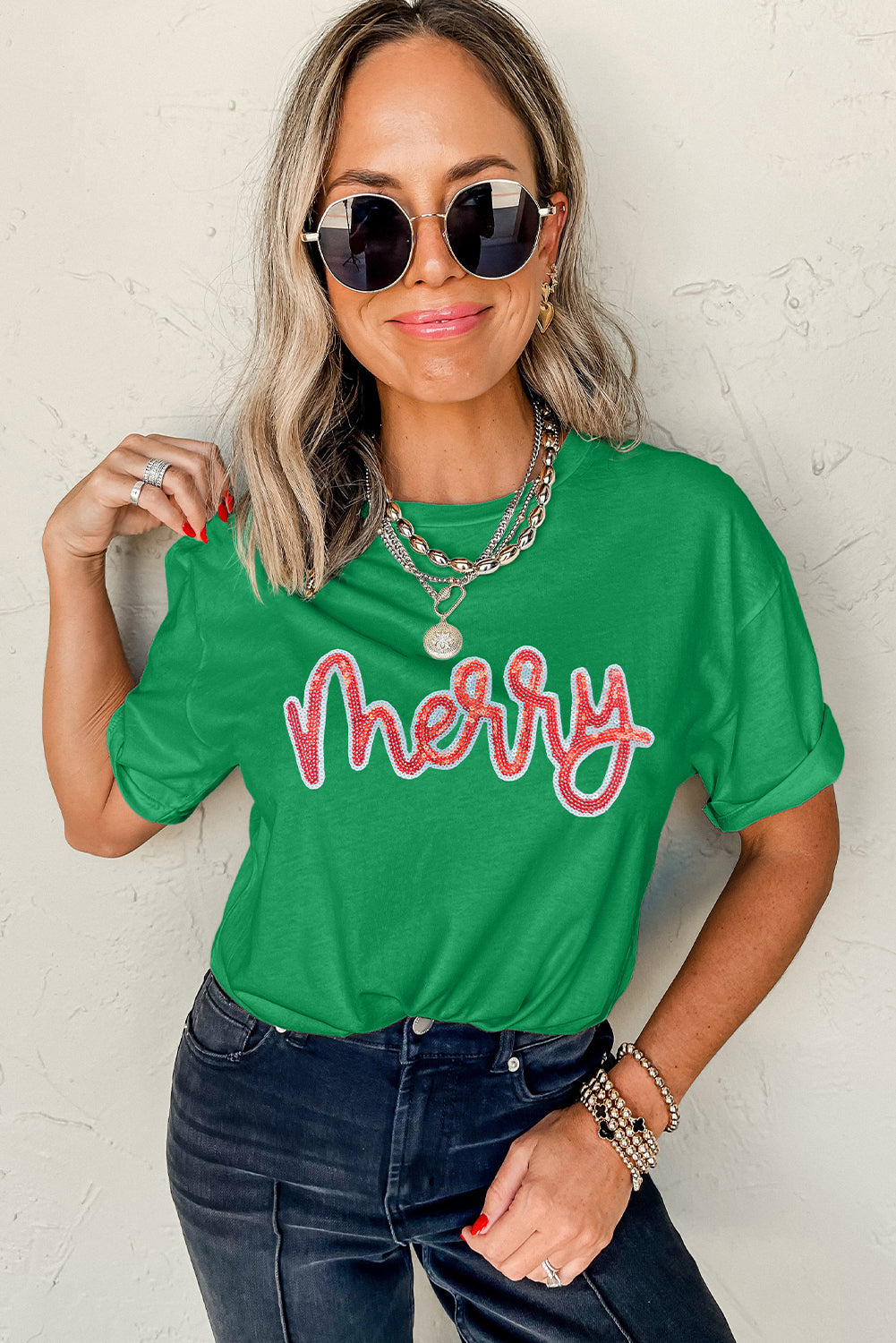 Bright Green merry Sequin Letter Graphic Cotton Blend Tee
