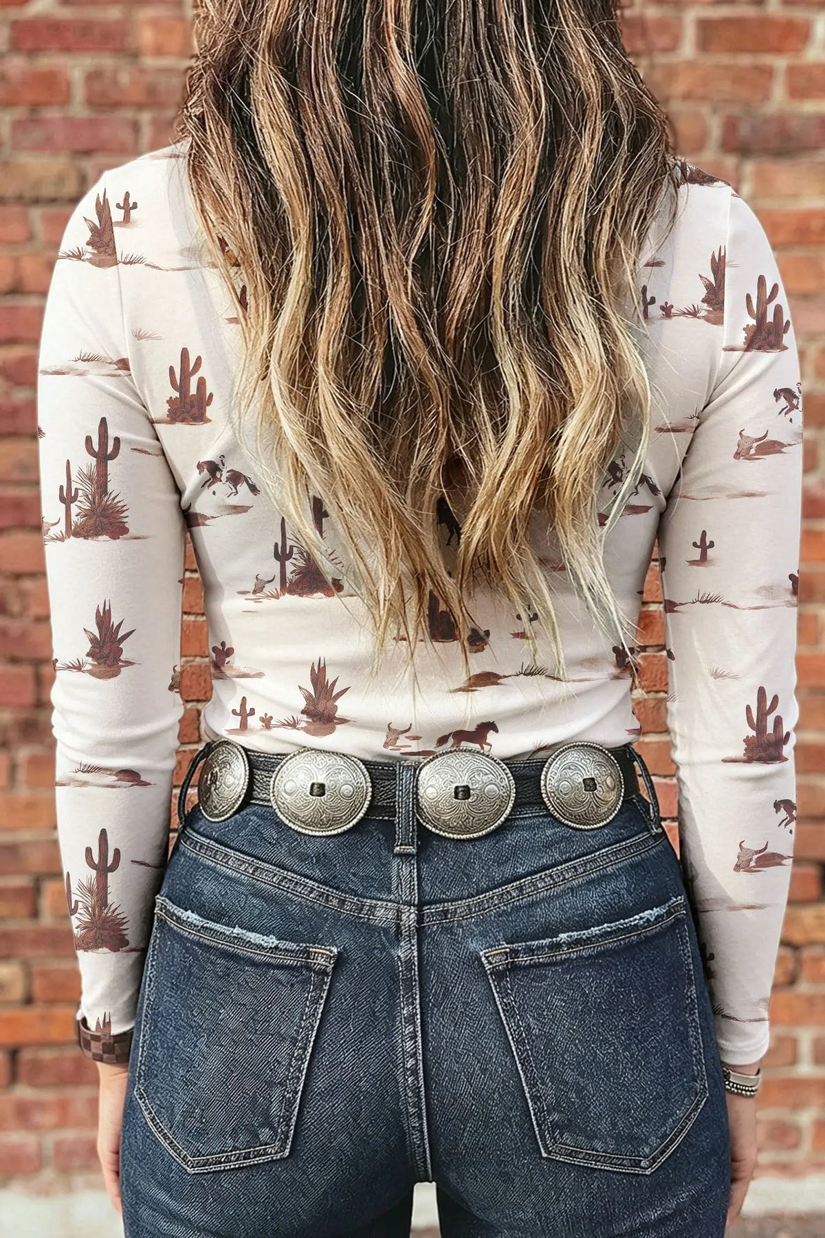 Beige Floral Print Slim Fit Mesh Long Sleeve Mock Neck Top model back view · nz-alt-v1