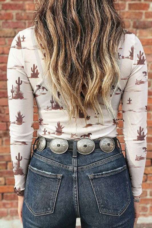 Beige Floral Print Slim Fit Mesh Long Sleeve Mock Neck Top model back view · nz-alt-v1