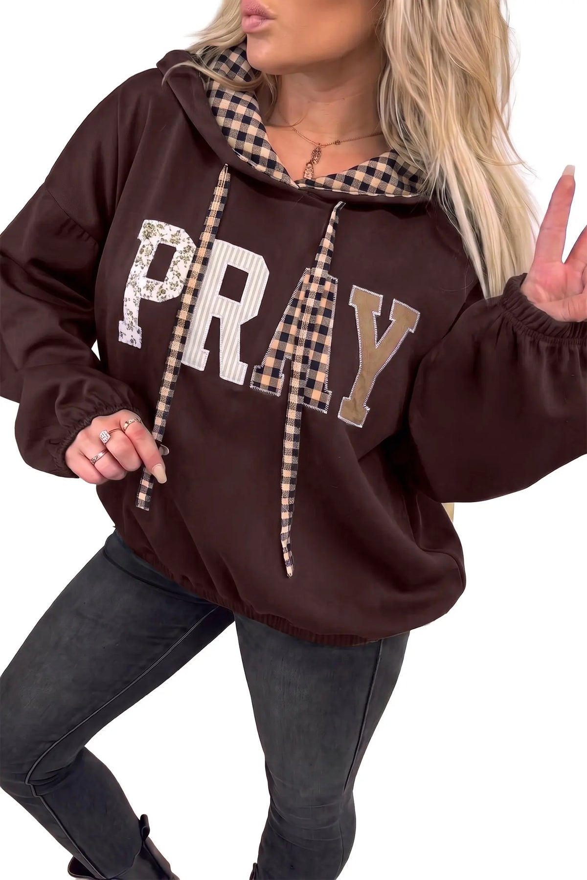 PRAY Mix Pattern Letter Graphic Plaid Contrast Drawstring Hoodie