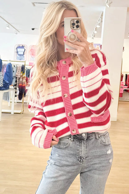 Red Stripe V Neck Long Sleeve Regular Fit Cardigan