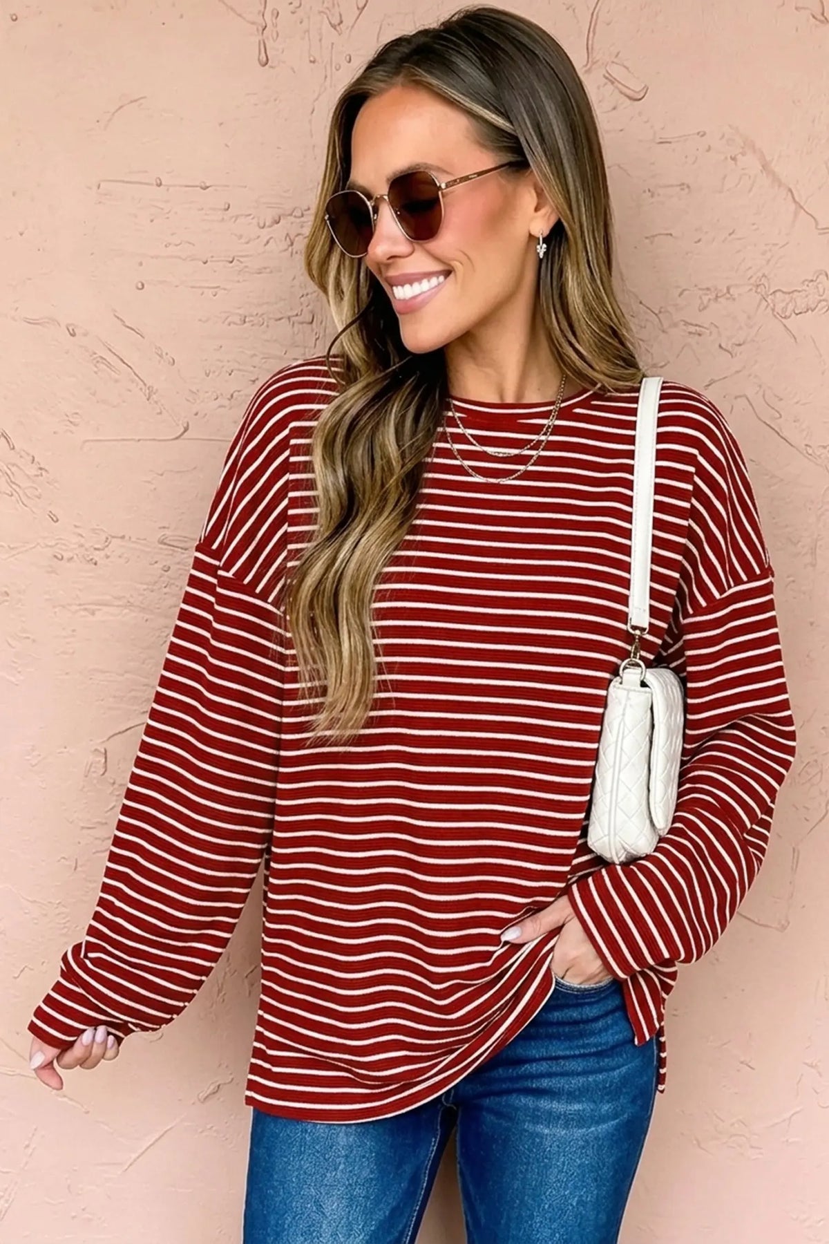 Red Stripe Drop Shoulder Long Sleeve Top