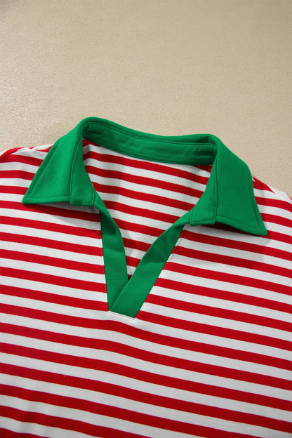 Red Stripe Colorblock Trim Polo Collar Drawstring Elastic Waist Band Casual 2pcs Outfit