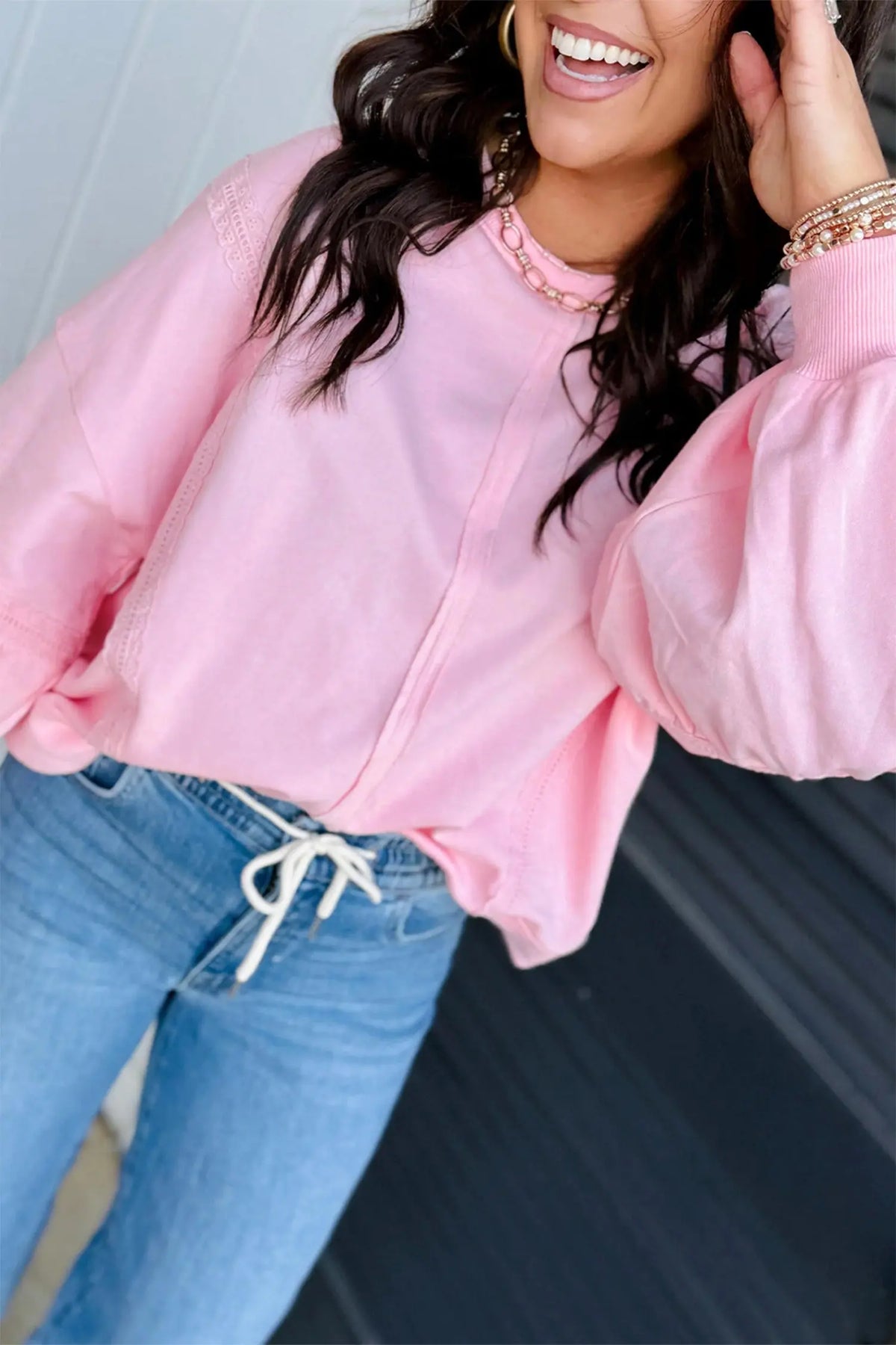 Pink Solid Color Raw Seam Lace Detail Loose Casual Sweatshirt model front view · nz-alt-v1