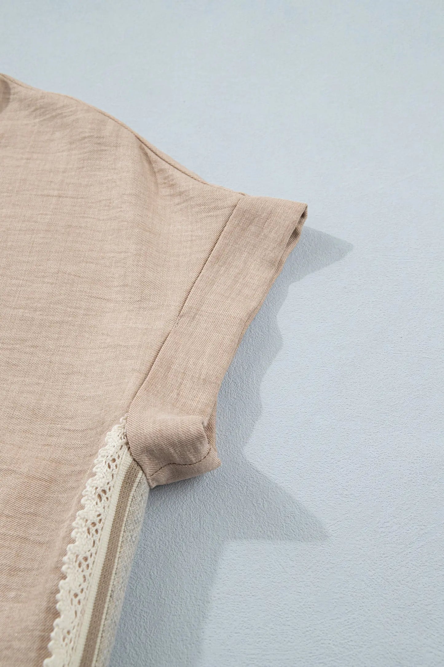 Parchment Crochet Lace Accent Pullover Rolled Short Sleeve Blouse Nataliz