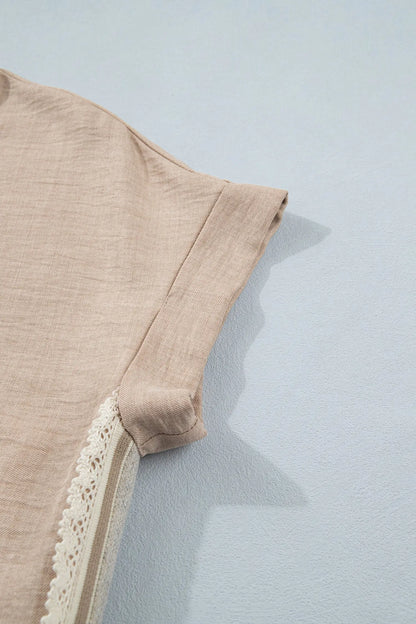 Parchment Crochet Lace Accent Pullover Rolled Short Sleeve Blouse Nataliz