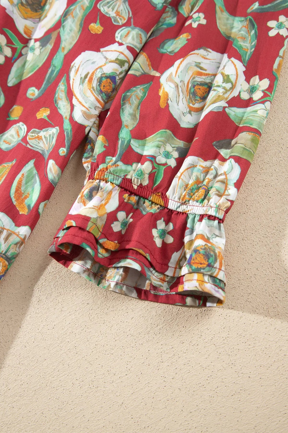Red floral print half sleeve short shift dress detail view · nz-alt-v1