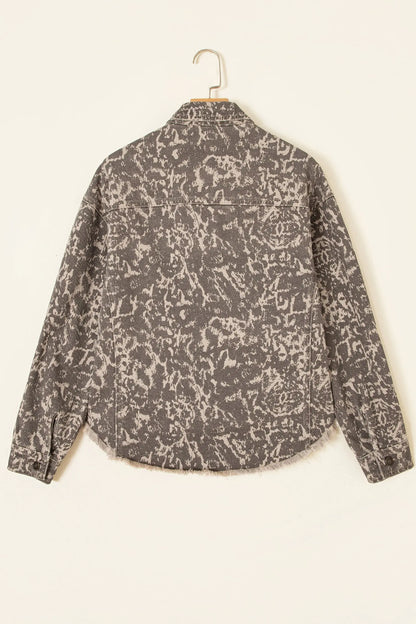 Khaki Abstract Print Long Sleeve Collar Raw Hem Denim Jacket