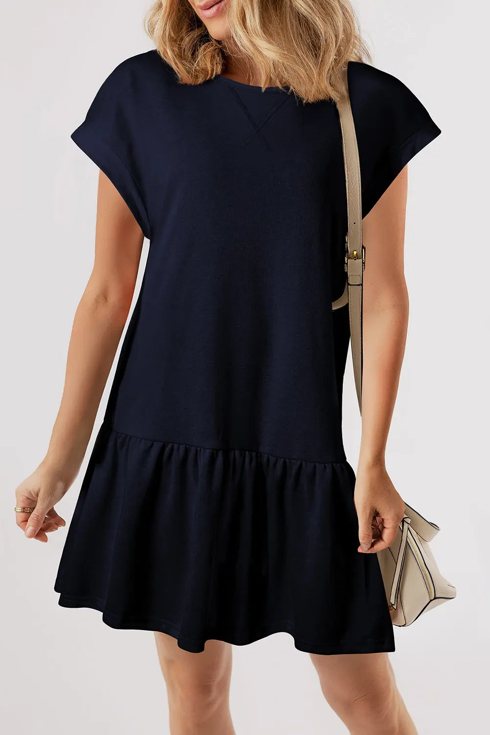 Navy Blue Solid Color Cap Sleeve Ruffle Hem Casual Short Dress model front view · nz-alt-v1