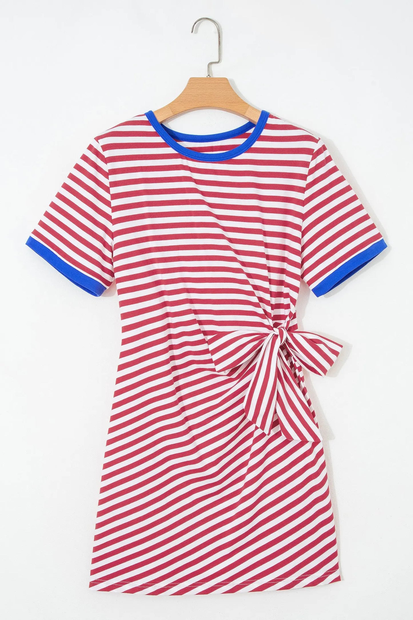 Sky Blue Stripe Nautical Tie Contrast Trim Round Neck T Shirt Mini Dress Nataliz