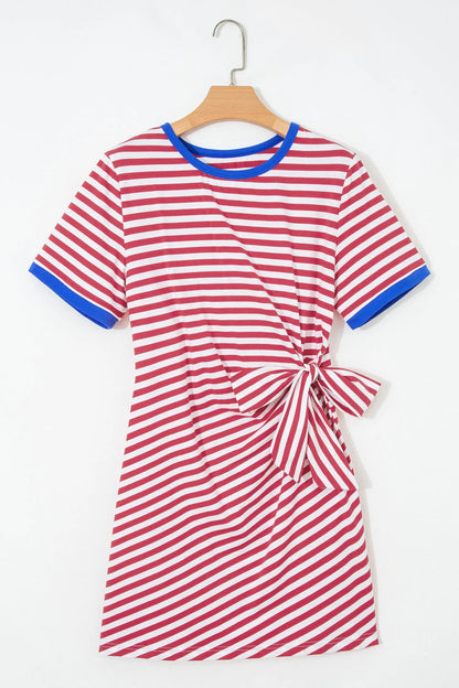 Sky Blue Stripe Nautical Tie Contrast Trim Round Neck T Shirt Mini Dress Nataliz