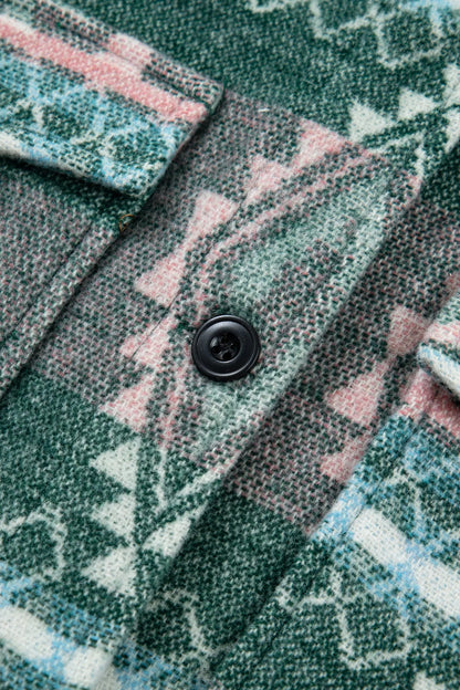 Green Geometric Print Button Front Long Sleeve Shacket