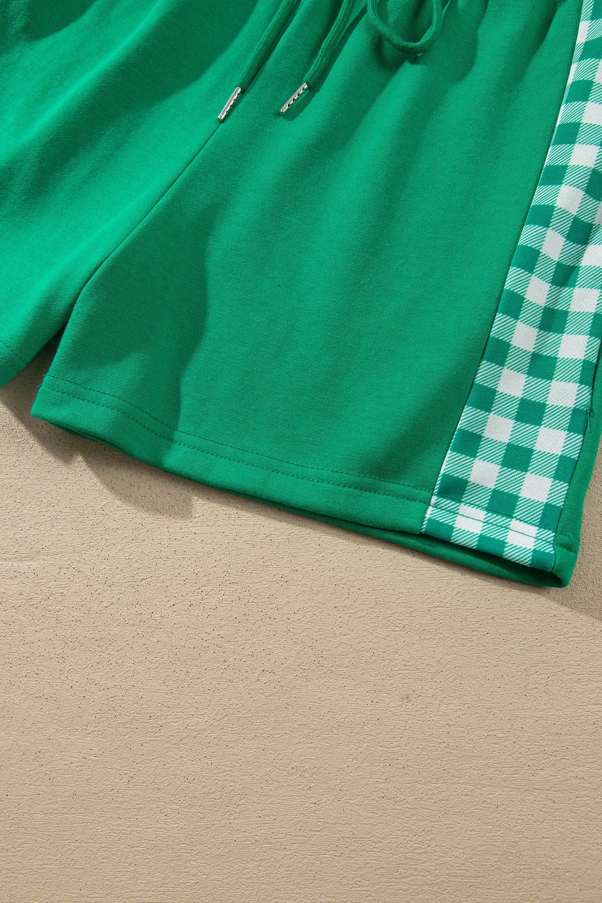 Bright Green Plaid Patchwork Half Zip Pullover Drawstring Short Set