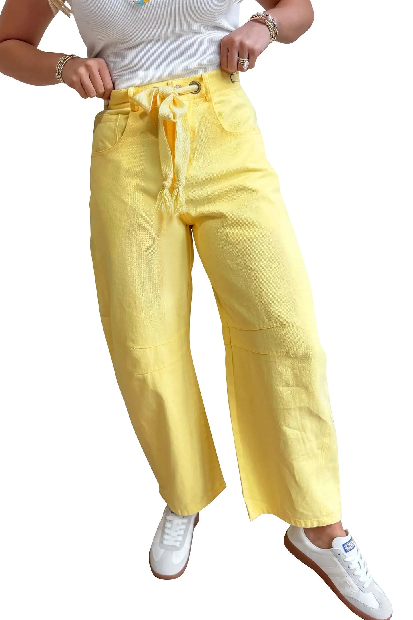 Yellow Solid Color Grommet Detail Knot Waist Barrel Jeans