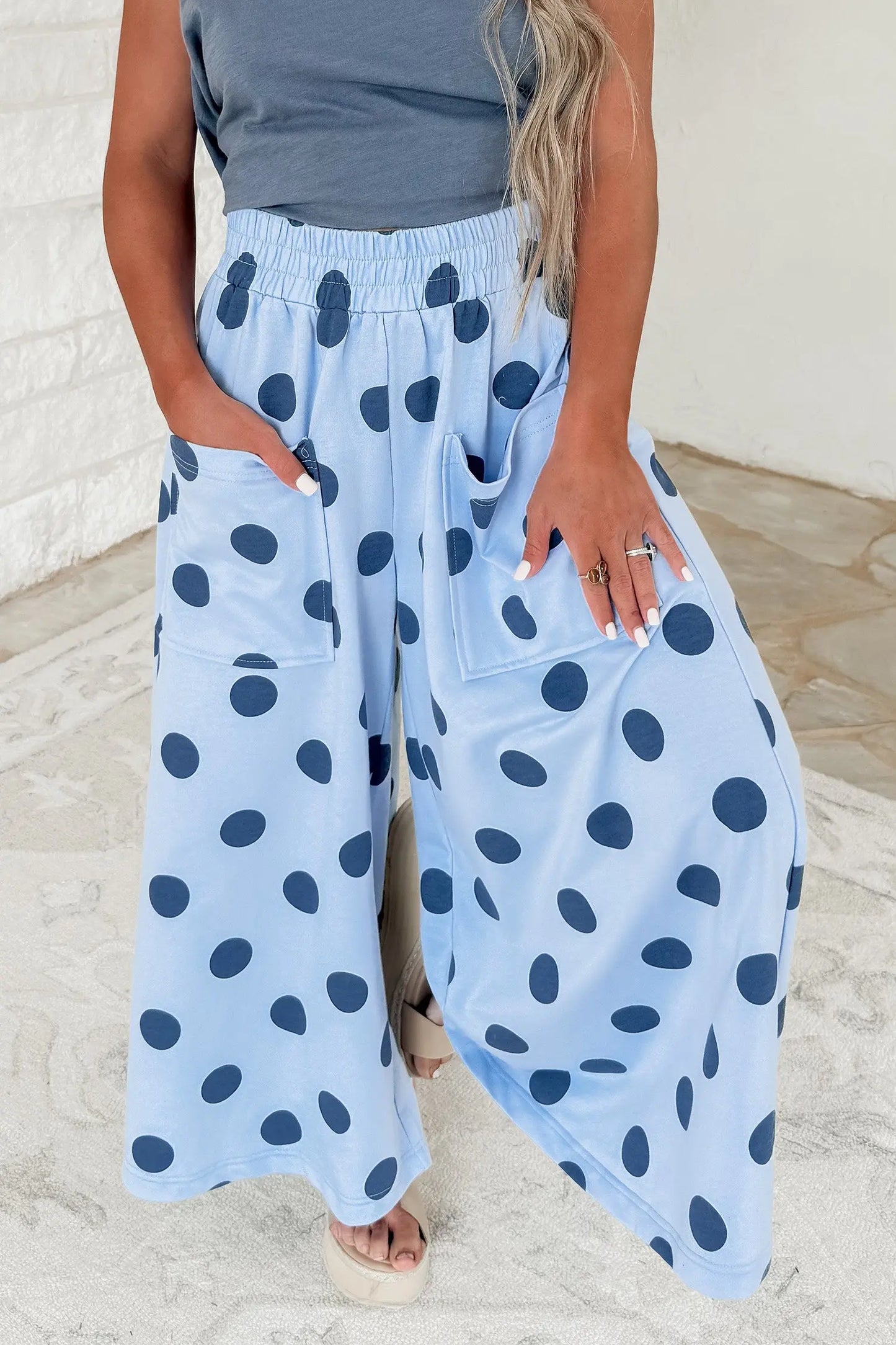 Brown Polka Dot Wide Leg Elastic Waist Casual Pants