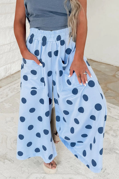 Brown Polka Dot Wide Leg Elastic Waist Casual Pants