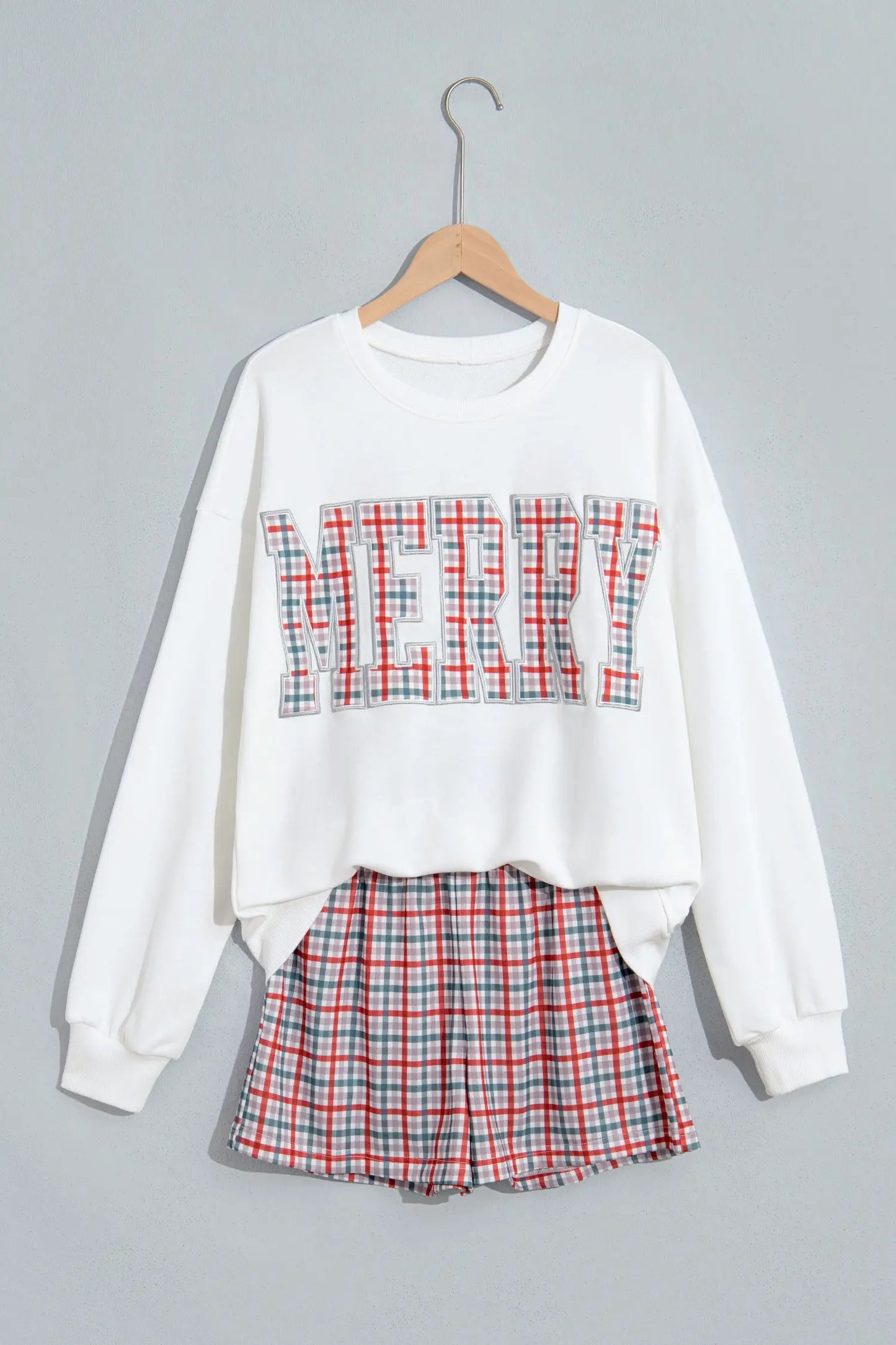 Multicolour Plaid MERRY Holiday Long Sleeve Top and Shorts Set