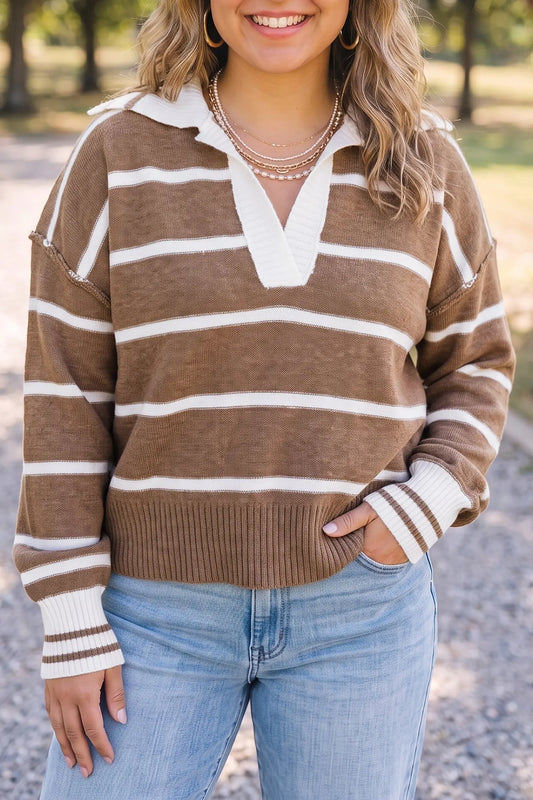 Brown Stripe Striped V Neck Long Sleeve Shift Plus Size Sweater model front view · nz-alt-v1