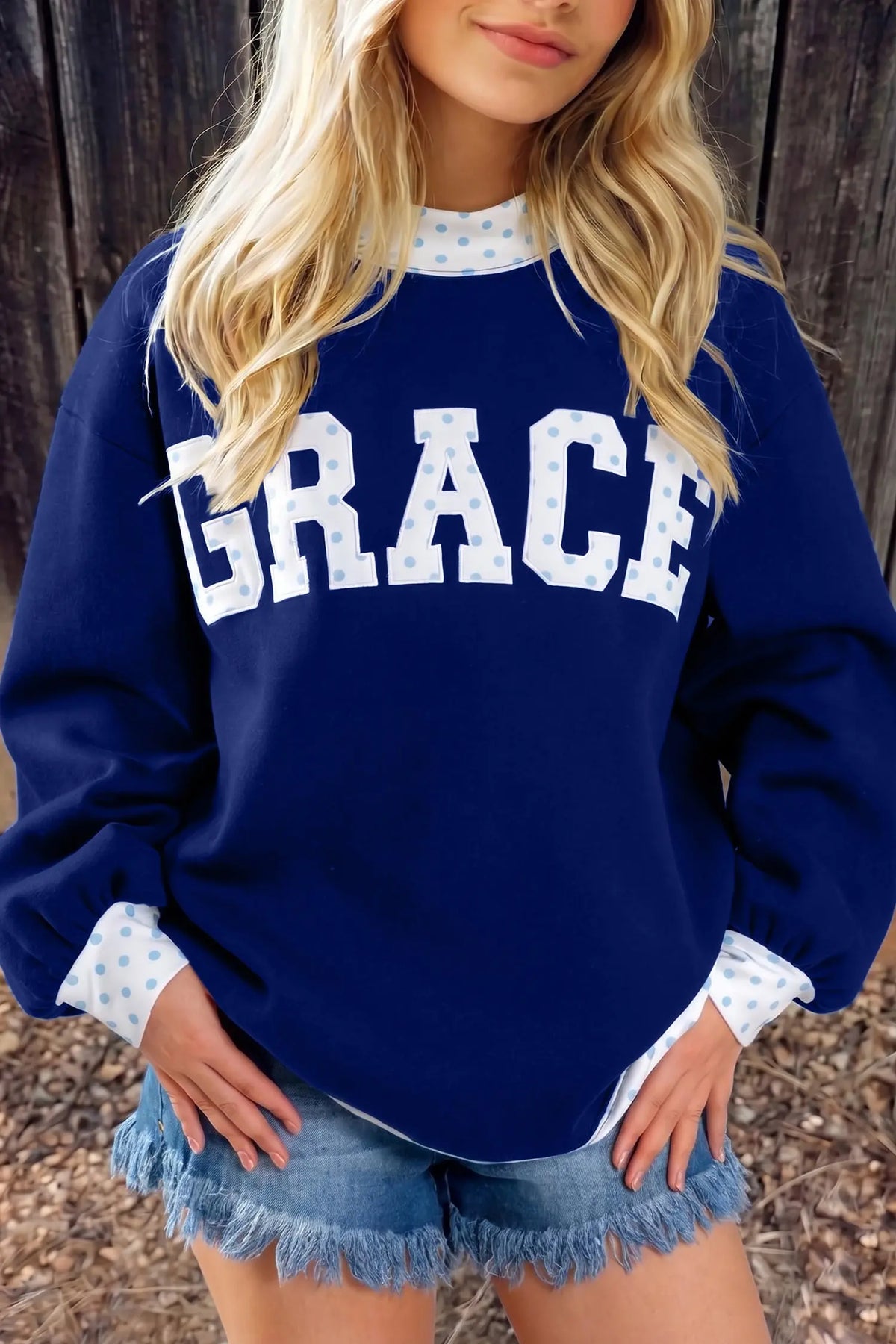 Polka Dot Trim High Neck GRACE Letter Graphic Baggy Sweatshirt