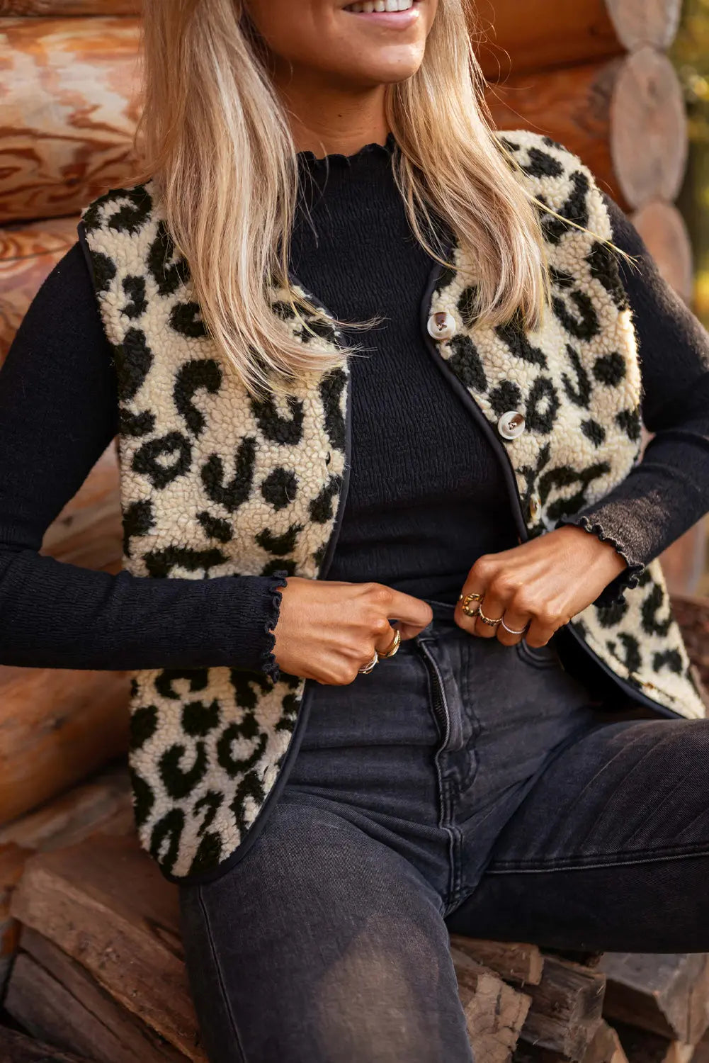 Cream leopard print sherpa vest coat, model front view · nz-alt-v1