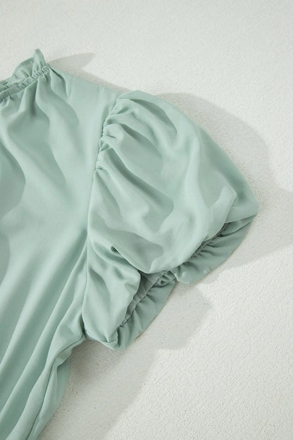 Bright Green Solid Color V Neck Short Puff Sleeve High Waist Tiered Maxi Dress - Casual Dresses