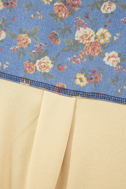 Apricot Floral Denim Patchwork Collar V Neck Long Sleeve Pullover Top