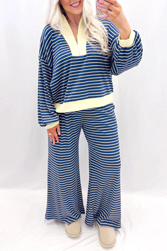 Blue Stripe Color Block Patchwork Zip V Neck Pullover Loose Pants 2pcs Set