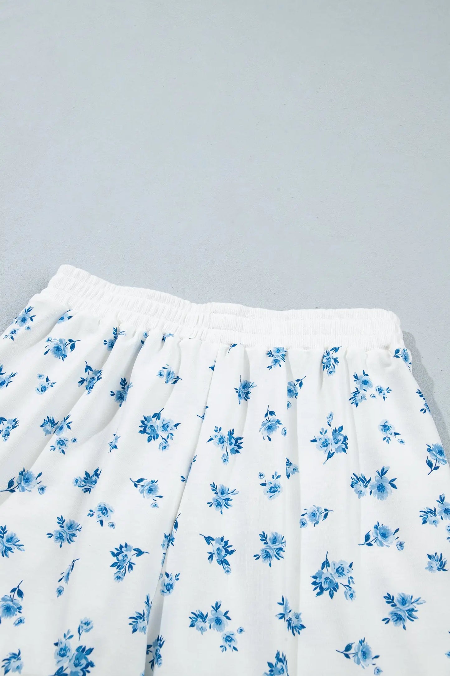Sky Blue Floral Print Long Sleeve Top Elastic Waist Ruffle Hem Shorts 2pcs Set