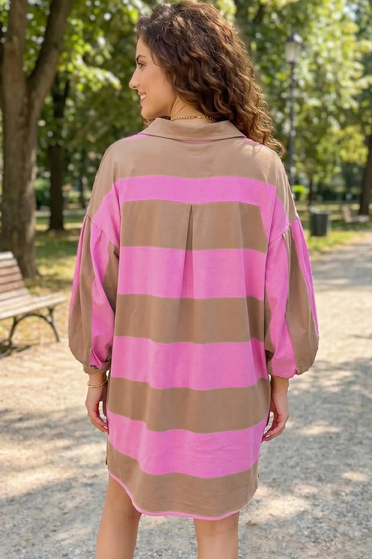 Rose Stripe Striped Button Long Sleeve Short Shift Dress