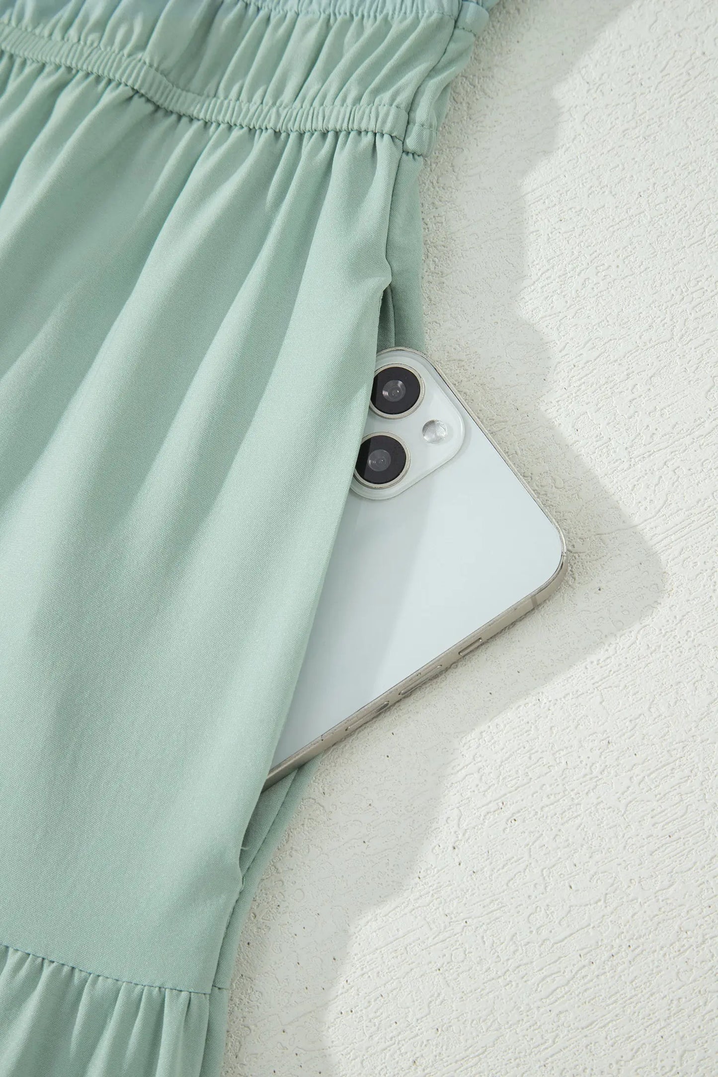 Bright Green Solid Color V Neck Short Puff Sleeve High Waist Tiered Maxi Dress - Casual Dresses