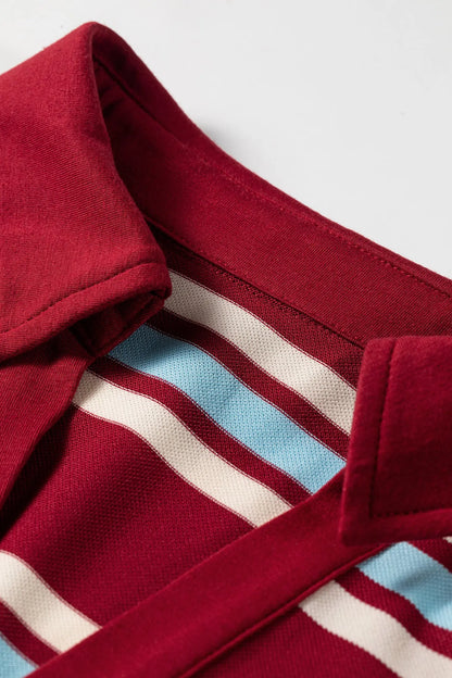 Red Stripe Retro Polo Collar Long Sleeve T Shirt Shift Mini Dress