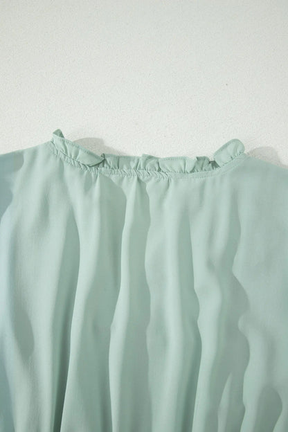 Bright Green Solid Color V Neck Short Puff Sleeve High Waist Tiered Maxi Dress - Casual Dresses