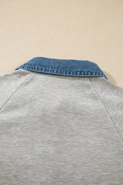 Sleet Denim Collar Patchwork Long Sleeve Pullover Top