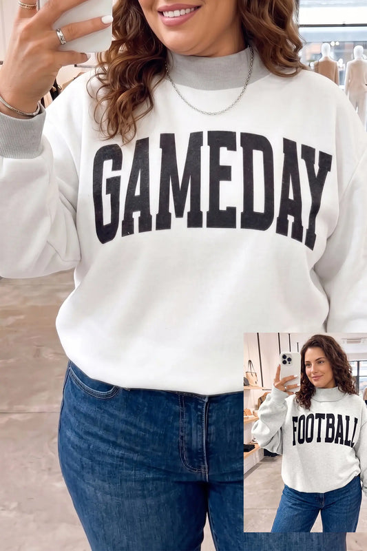 Light Grey GAME DAY/ FOOTBALL Letter Print Reversible Plus Size Sweatshirt GAMEDAY side model front view · nz-alt-v1