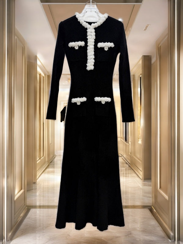 Contrast Trim Long Sleeve Knit Maxi Dress in Black hanging view · nz-bg-v1