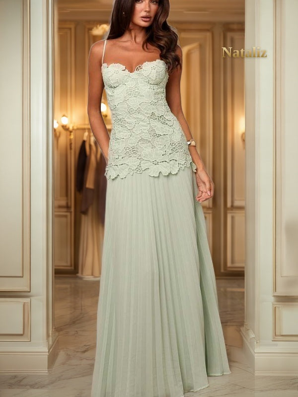 Sage Lace Bodice Pleated Maxi Dress model front view · nz-alt-v1