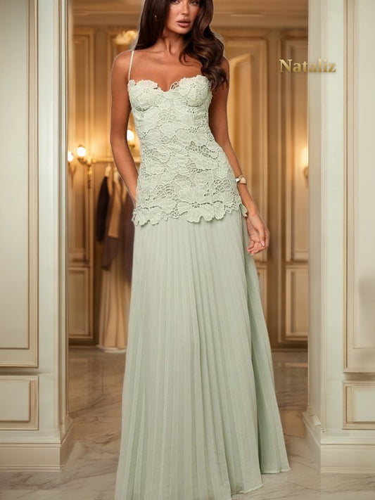 Sage Scalloped Bodice Pleated Maxi Dress model front view