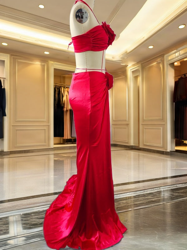 Red Rosette Halter Crop Top and Maxi Skirt Set side view · nz-bg-v1