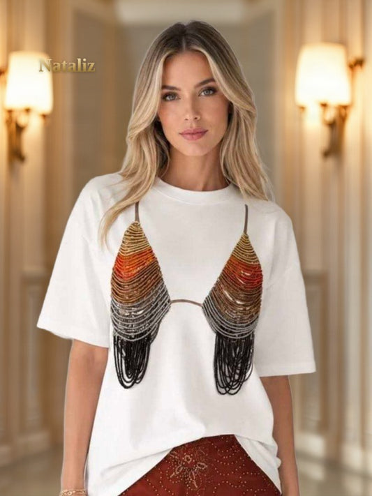Beaded Bralette Print Short Sleeve Tee model front view