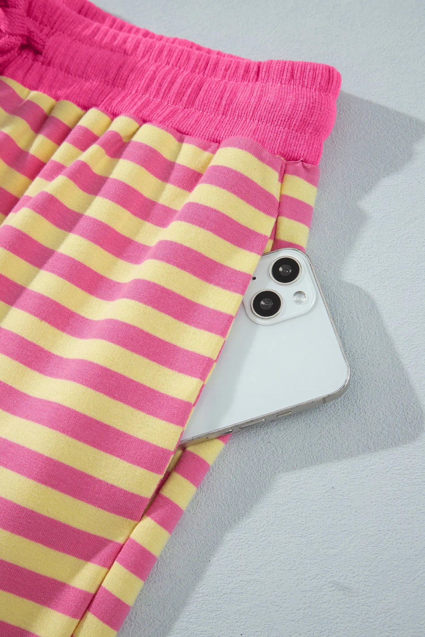 Yellow Stripe Colorblock Trim Crew Neck Loose Tee Drawstring Elastic Waist 2pcs Pant Set