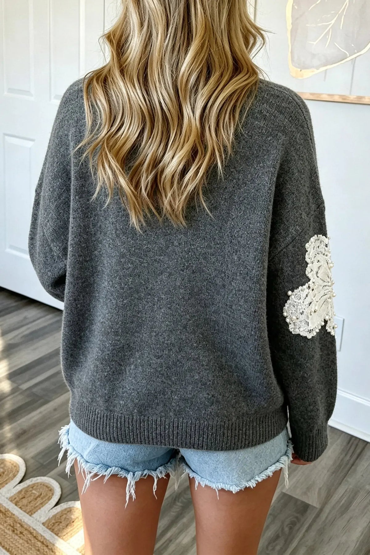 Dark Grey Beaded Floral Accent Casual Round Neck Sweater model back view · nz-alt-v1